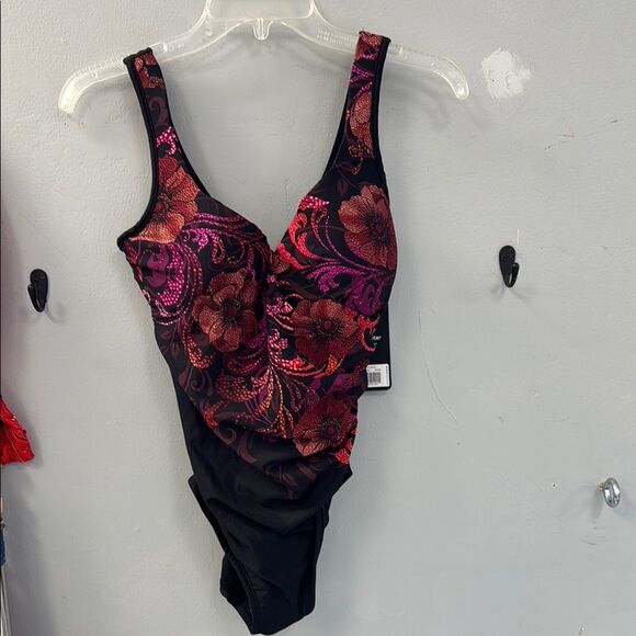 Miraclesuit Pink and Black One Piece Swimsuit Floral V-Neck - Picture 1 of 6